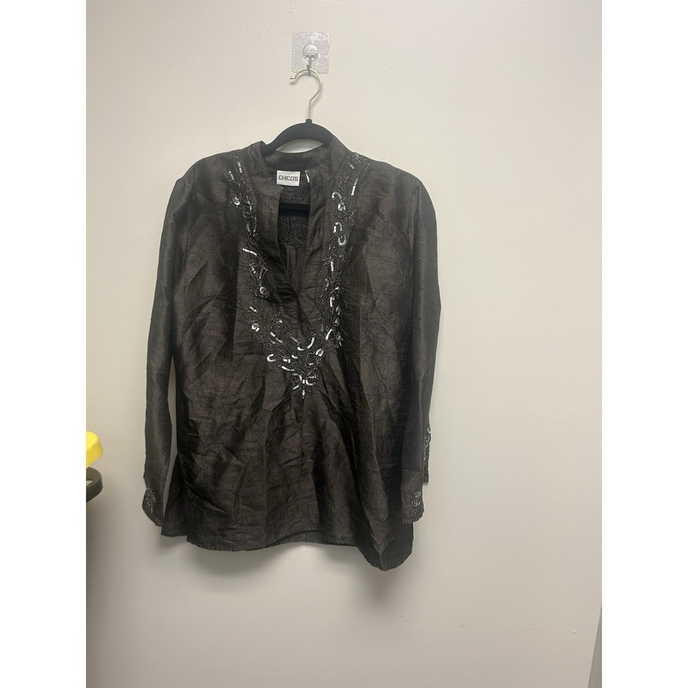 Chico's 1 Brown Metallic Silver Print Tunic Blouse Sheer Silk Beaded Med Boho